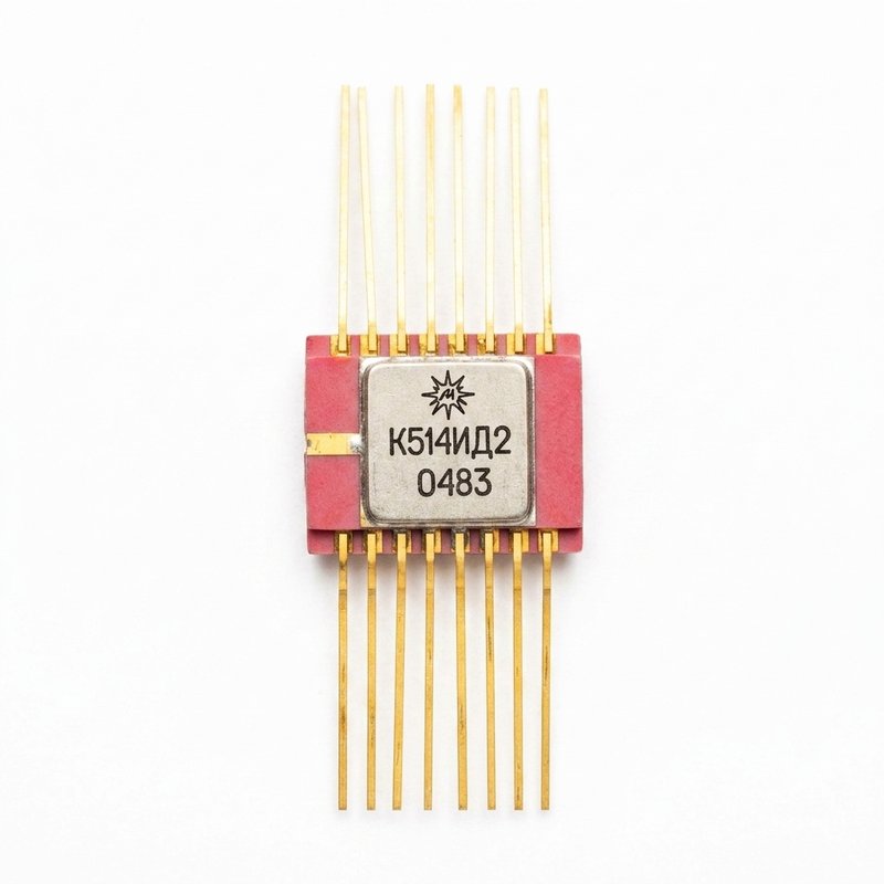 К514ИД2 (K514ID2) Vintage Soviet 7-Segment LED Decoder IC - Gold-Plated Pink Ceramic Flatpack